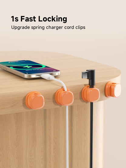 9 Pack Cord Organizer, Spring Cable Management, Adhesive Cute Cable Holder Clips, Phone Charger Wire Keeper for Desk Nightstand Car Office (9-Pack White_Orange_Blue)