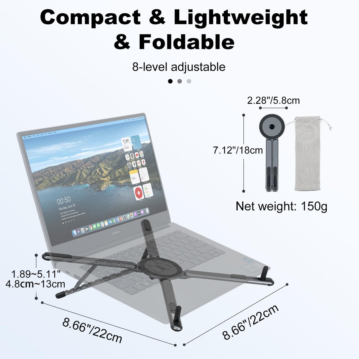 koolehaoda Portable Laptop Stand for Desk & Travel, CNC Aluminum Foldable Computer Riser Magnetic Grip Multi-Angle Support Stand for MagSafe,MacBook,iPhone,iPad, 4–16" Phones,Tablets and Laptops