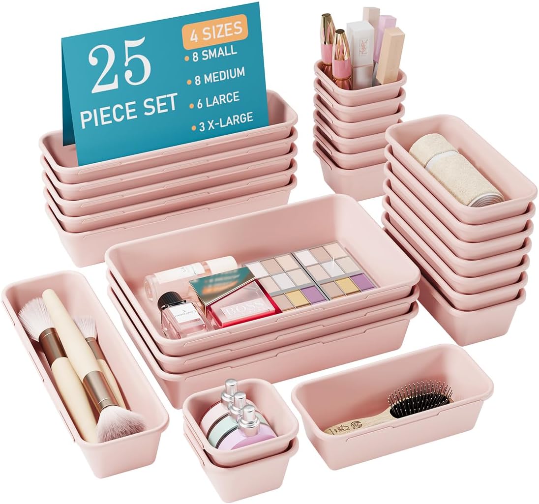 Kutesna 25 PCS Black Drawer Organizer Set, 4 Size Interlocking Plastic Storage Bins for Office Supplies, Jewelry Makeup Vanity, Bathroom Kitchen, Home Organization Closet, Gadgets Small Items