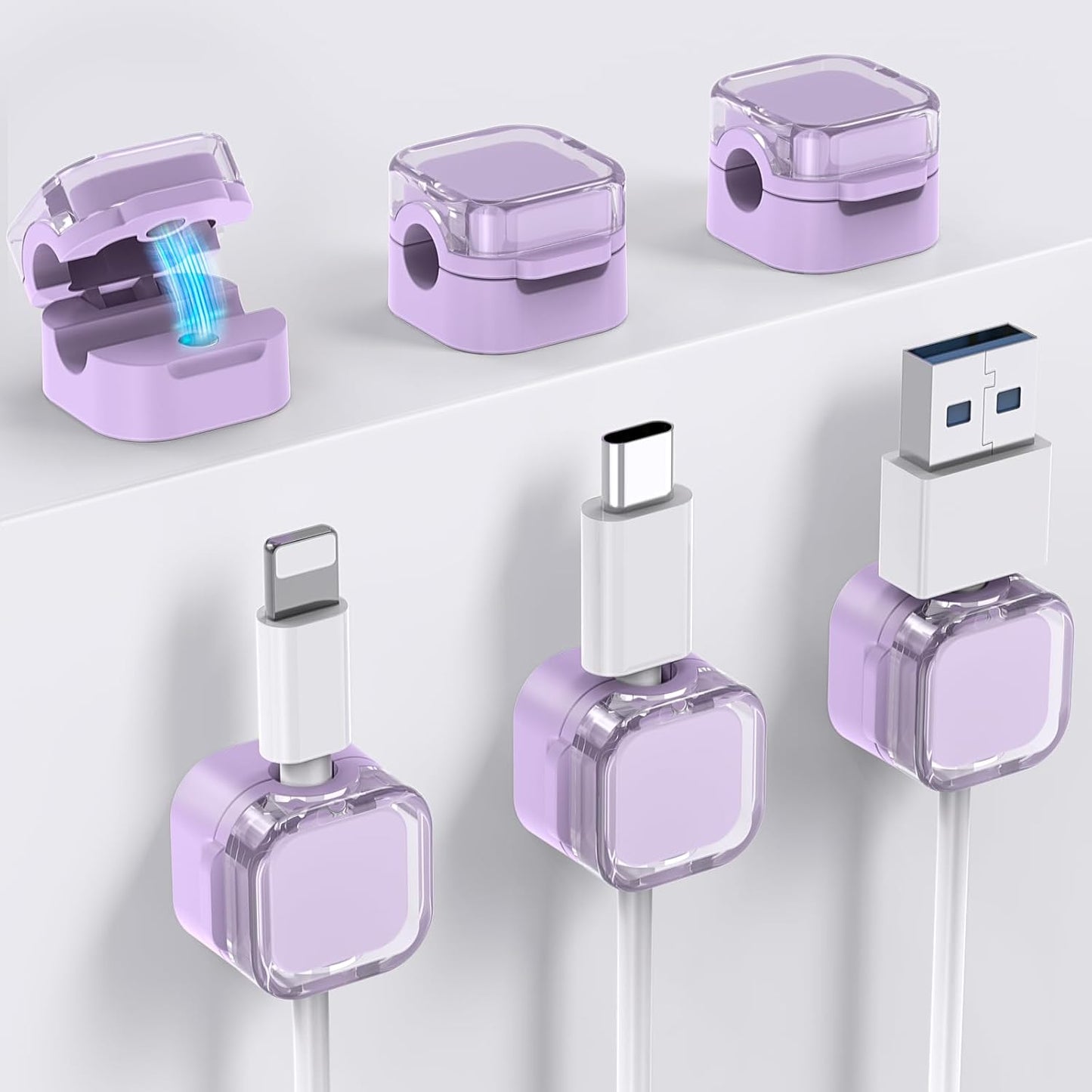 AhaStyle 6 Pack Magnetic Cable Organizer [1s Lock] Cord Holders Clips Strong Adhesive Cord Keeper [Smooth Adjustable] Hide Wire Cord Organizer for Nightstand Kitchen Car Office (Lavender)