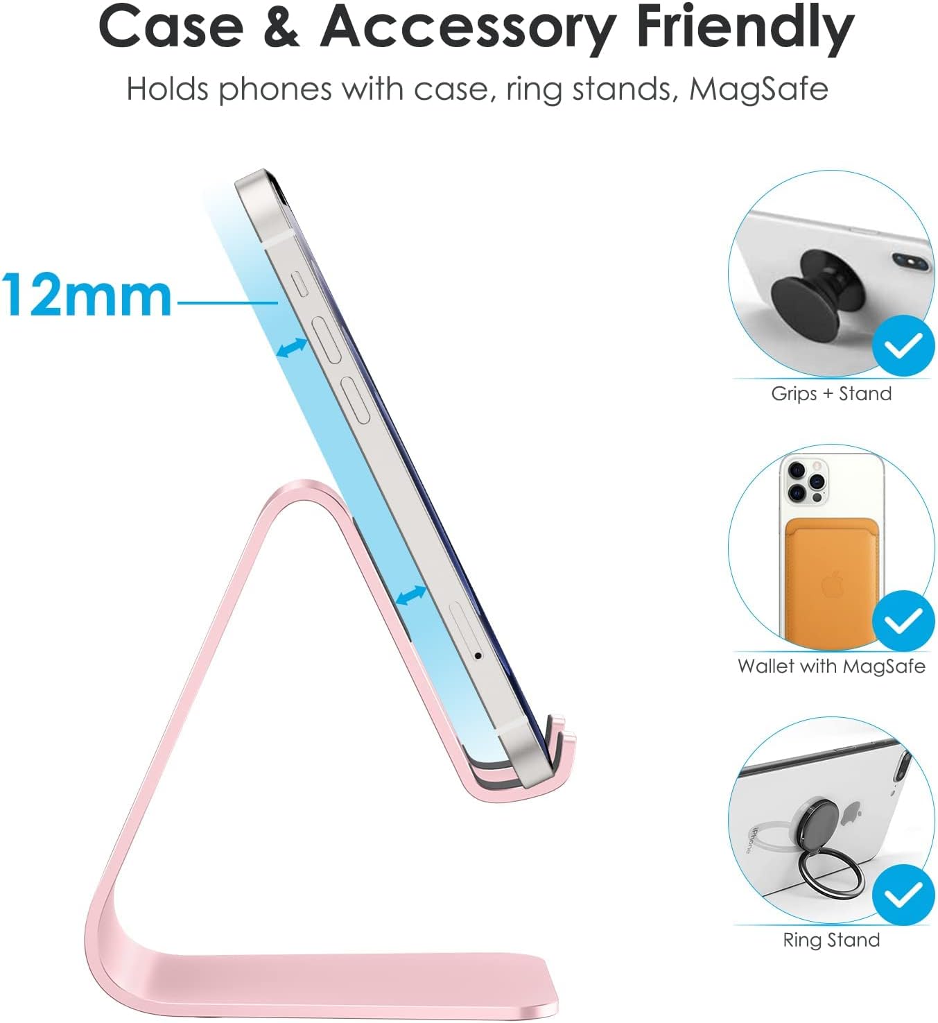 OMOTON Upgraded Aluminum Cell Phone Stand for Desk, C1 Durable Cellphone Dock with Protective Pads, Smart Stand Designed for iPhone17, 16/15/14/13 Pro Max Air, iPad mini, Android Phones,Rose Gold