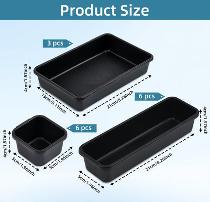 Kutesna 15 Piece Drawer Organizer Set, 3 Size Interlocking Plastic Storage Bins for Office Supplies, Jewelry Makeup Vanity, Bathroom Kitchen, Home Organization Closet, Gadgets Small Items, Black