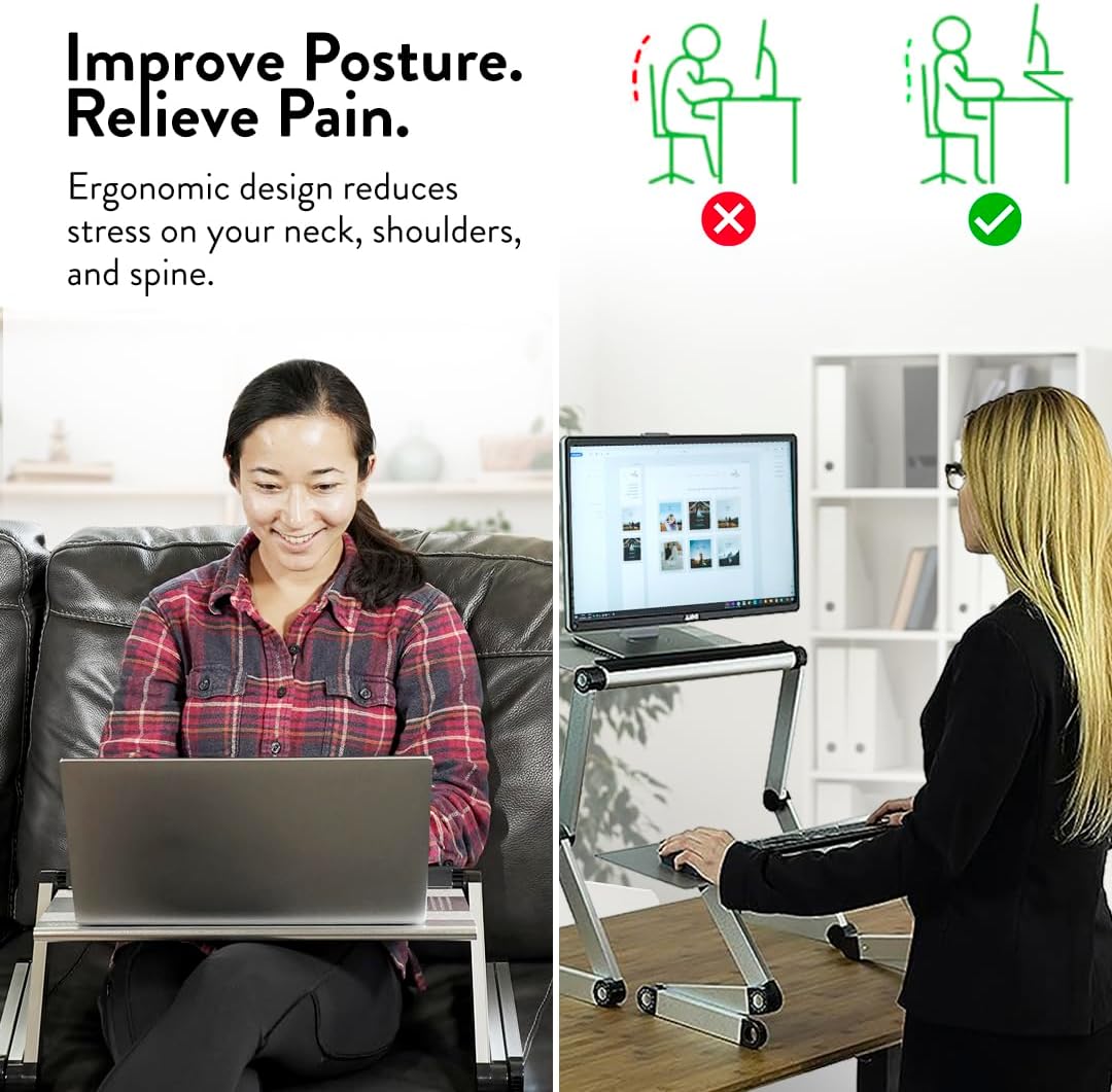 WorkEZ Executive Adjustable Ergonomic Laptop Cooling Stand & Lap Desk for Bed Couch folding aluminum desktop computer riser tray height tilt angle portable macbook cooling reading monitor,Black