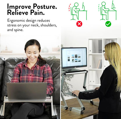 WorkEZ Executive Adjustable Ergonomic Laptop Cooling Stand & Lap Desk for Bed Couch folding aluminum desktop computer riser tray height tilt angle portable macbook cooling reading monitor,Black