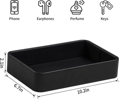 PU Leather Valet Tray Organizer, Modern Nightstand Organizer Bedside Desktop Storage for Womens and Men, Decorative Perfume Trinket Catchall Vanity Tray for Key Watch Wallet (Black)