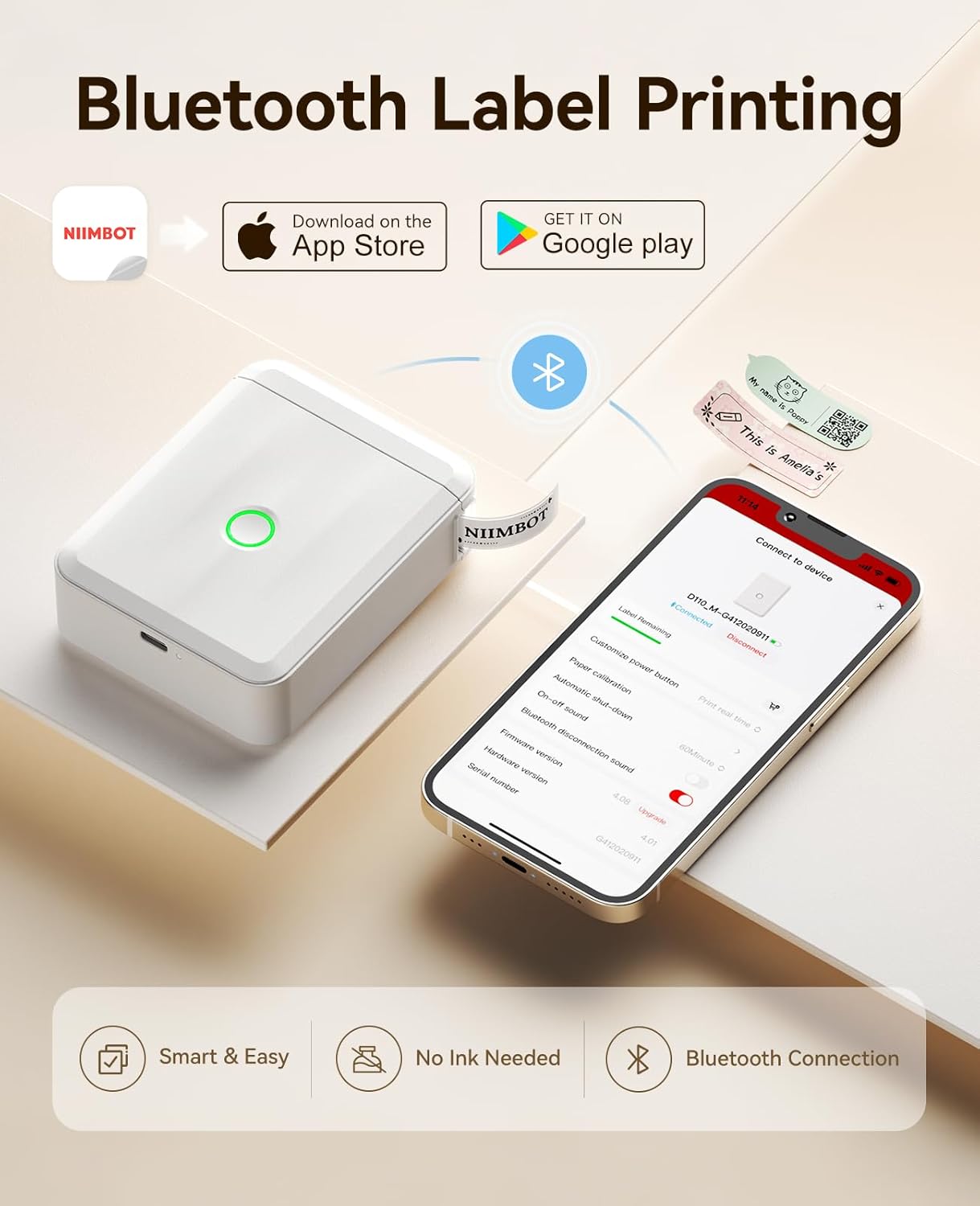 NIIMBOT Label Maker Machine Bluetooth Label Printer for School Home Office Organization, Wireless Mini Labeler D110 Upgraded Version, Label Machine with 1 Label Tape, White