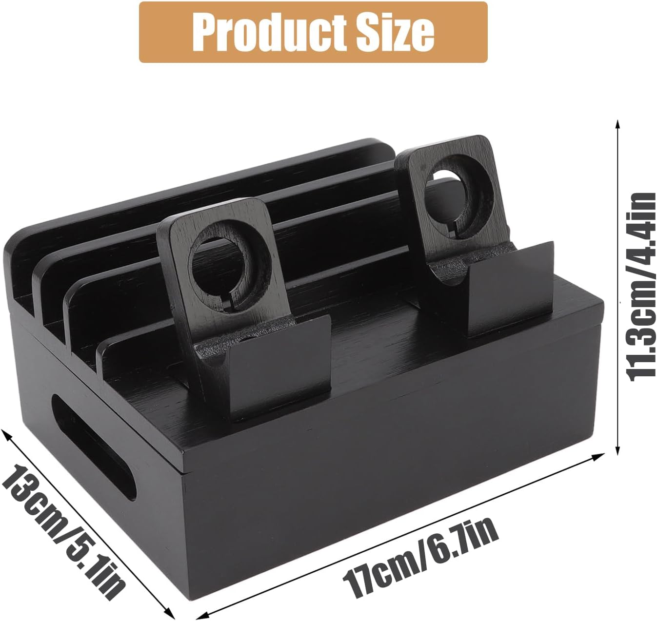 Wooden Charging Station for Multiple Devices - 5 Port USB Desktop Organizer with Watch Holder, Compatible with Phones Tablets Electronics (Black, 11.3x13x17cm/4.4x5.1x6.7in)