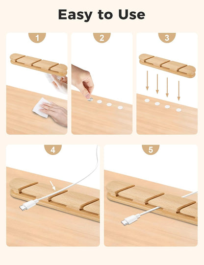 Solid Walnut Cable Holder & Cord Organizer, Adhesive Cable Clips for Desk, Under Desk, Wall, Bedside & Car, Wood Cable Management for Home Office, Phone Charging & USB Cables