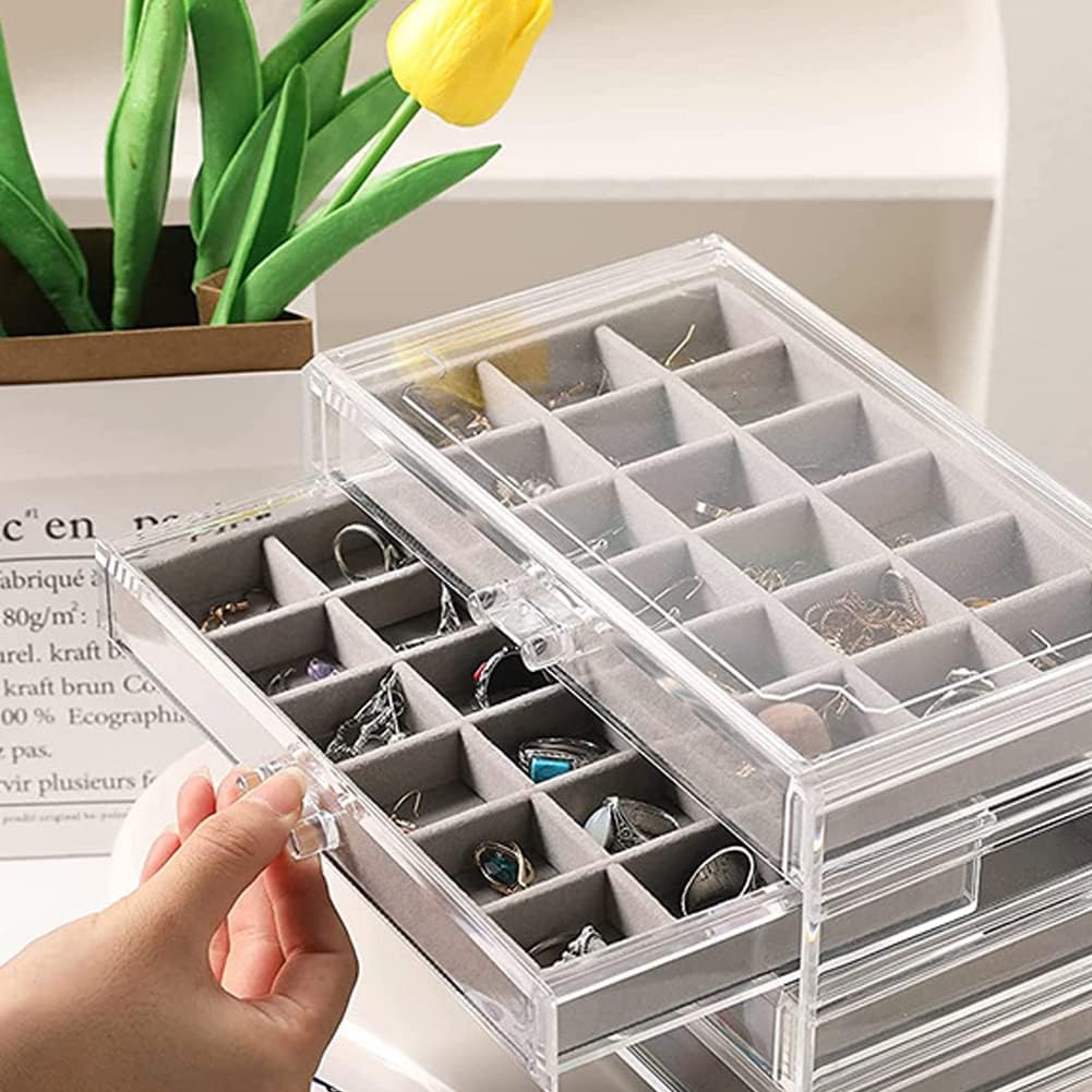 YUFONG Earring Organizer Box Acrylic Jewelry Organizer with 3 Drawers 54 Adjustable Grids Clear Stackable Earring Holder Velvet Trays Ring Display Case for Women Girls (Beige)