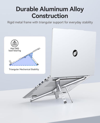 ORICO Portable Laptop Stand for Travel & Desk, Ultra-Compact Foldable Aluminum 3-in-1 Riser for Laptop, Tablet & Phone, 5 Adjustable Heights, Compatible with MacBook/HP/Dell/iPad/iPhone – PN1 (Gray)