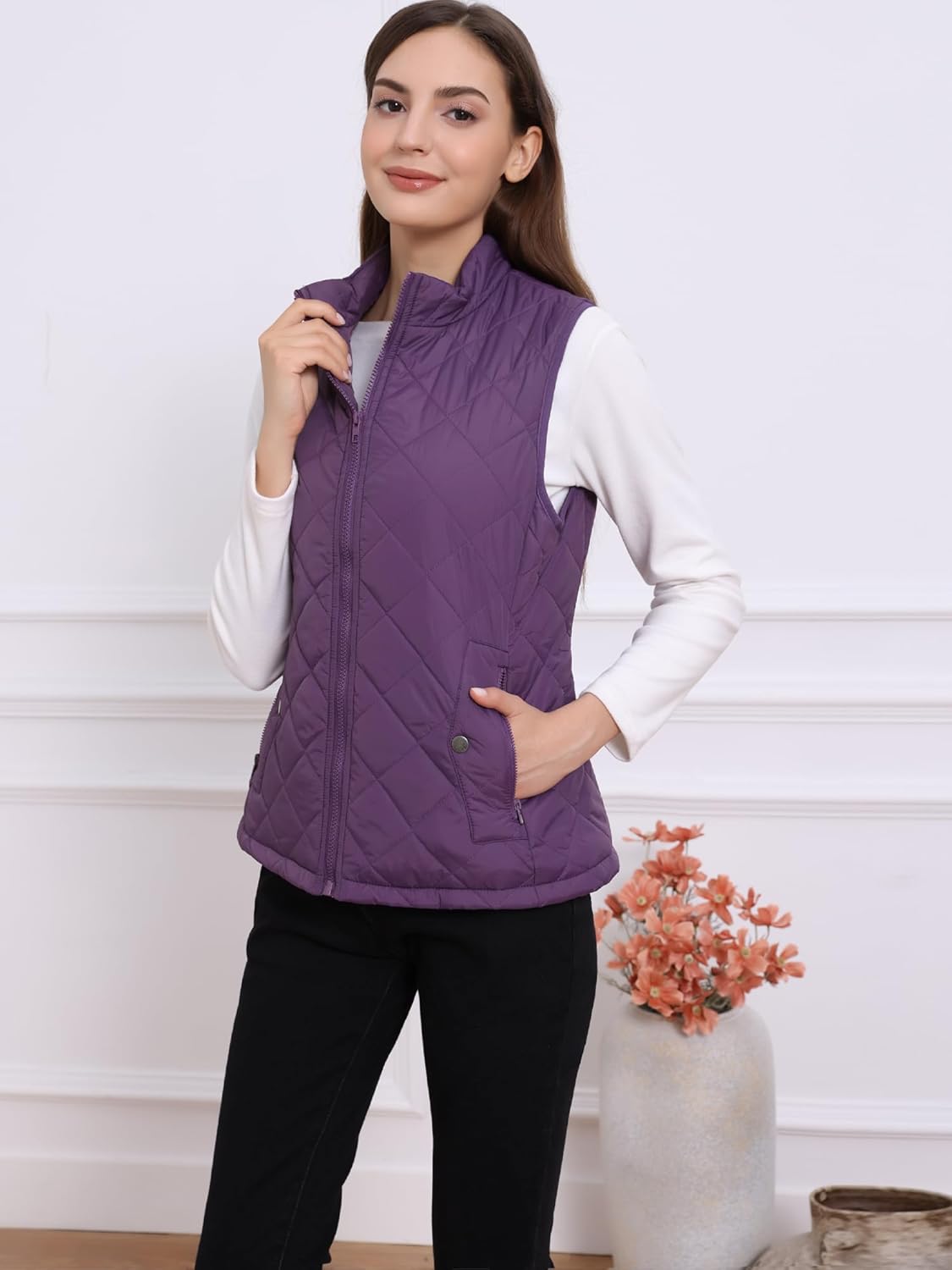 Allegra K Women's Puffer Vest Stand Collar Lightweight Gilet Quilted Zip Vest