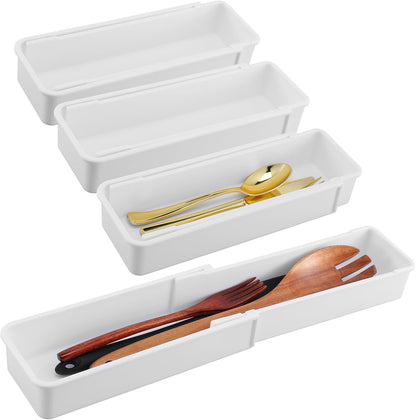 4 PCS Expandable Drawer Organizer, Adjustable Drawer Organizer Trays, Drawers Dividers Organizers and Storage For Office Supplies, Pens, Makeup,Utensils, Tools, Flatware and Junks, White