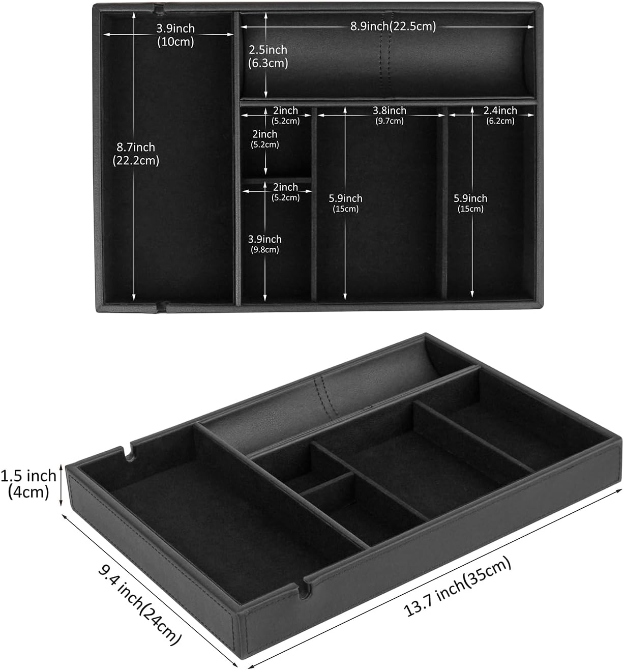 HofferRuffer Faux Leather Valet Tray for Gift, Nightstand Organizer Decorative Dresser Tray Box with Phone Charging Station, Storage Catchall for Men and Women (Black Organizer)