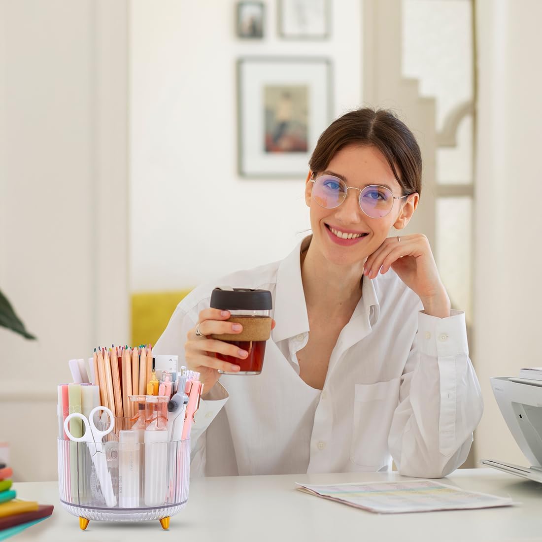 SKYDUE Rotating Pencil Pen Holder, Pen Organizer with 5 Slots - Aesthetic Desk Organizer and Accessories for School, Home, Office Supplies