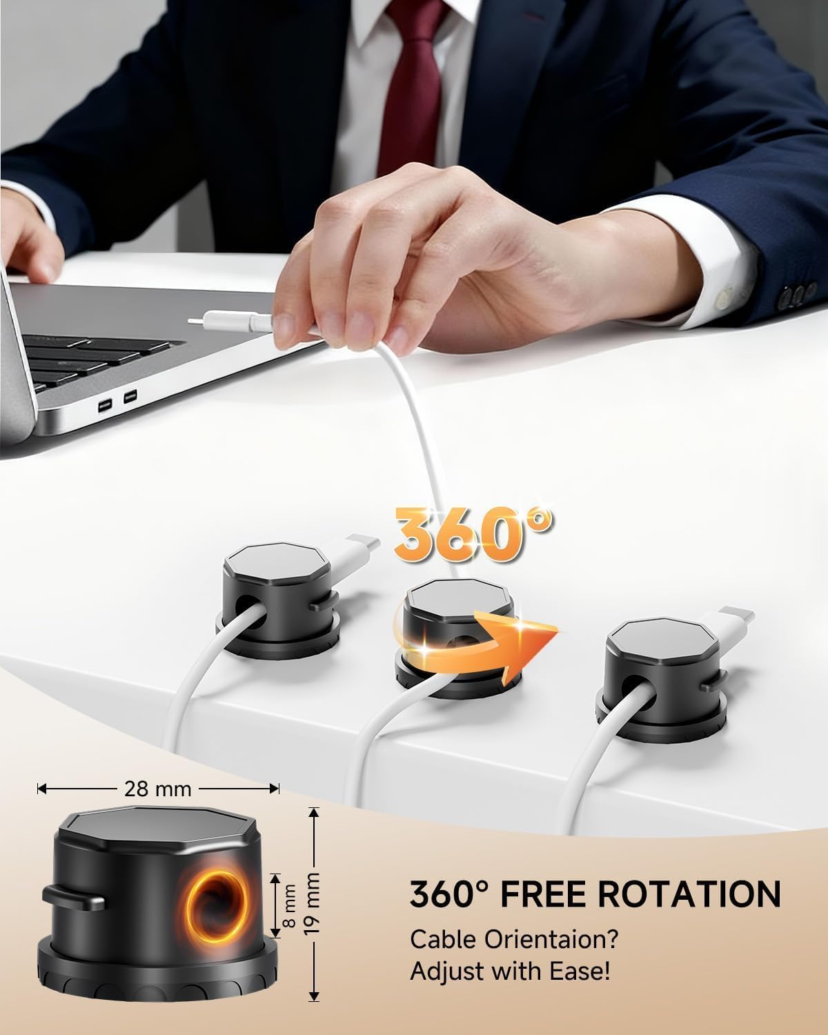 Cord Organizer Holder, 360° Rotatable Magnetic Cable Clips, Strong Adhesive Cable Management Desk Accessories, Adjustable Wire Organizer Hide Cords Neatly for Nightstand/Home/Kitchen/Office/Car