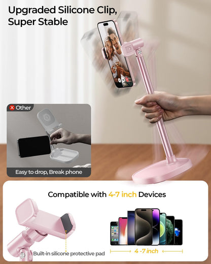 DIMONCOAT Phone Stand for Desk, Angle Height Adjustable Phone Holder for Desk, Aluminum Alloy Universal iPhone Holder, Retractable Cell Phone Stand Recording Office for iPhone 17 16 15 Pro Max S26