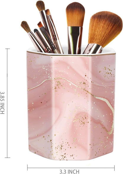 WAVEYU Ceramic Pen Holder for Desk Cute, Pencil Cup Pot Desk Organizer, Makeup Brush Holder for Women, Men, Kids, Desk Marble Decor for Office, Classroom, Home, Gray Golden