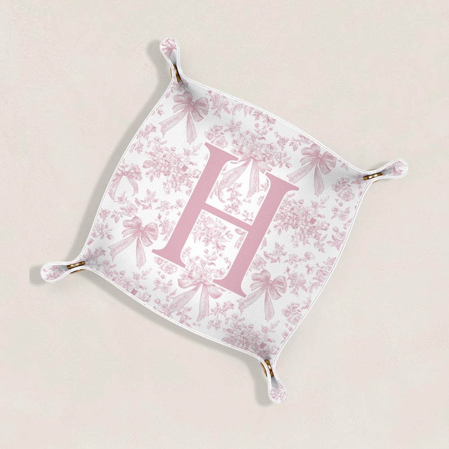 Gifts for Mom Initial Valet Tray,Pink Personalized Gifts for Women Mom Grandma Girlfriend,Nightstand Desk Accessories PU Leather Tray Organizer for Birthday Christmas Gift Ideas (B)