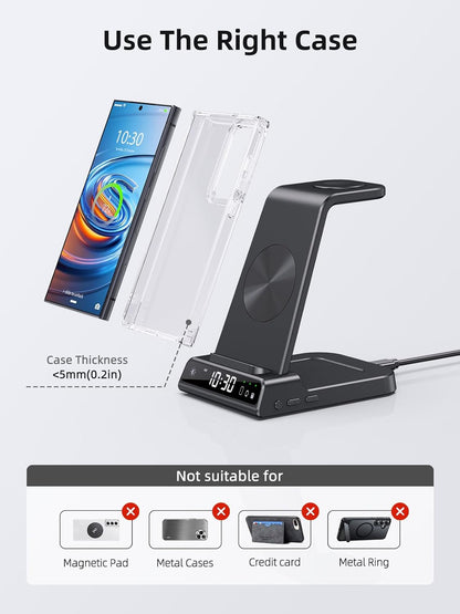 Wireless Charger for Samsung Charging Station: 3 in 1 Android Charging Stand with Dimmable Clock - Nightstand Organizer for Galaxy S25 Ultra, Galaxy Watch 8 7 6 5 4, Galaxy Buds, Space-Saving Charger
