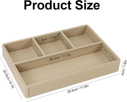 Buqoo PU Leather Valet Tray, Office Supplies Organizer, Stackable Desktop Organizer and Accessories Drawer Organizer for Storing Office Supplies, Jewelry, Cosmetics, Beige