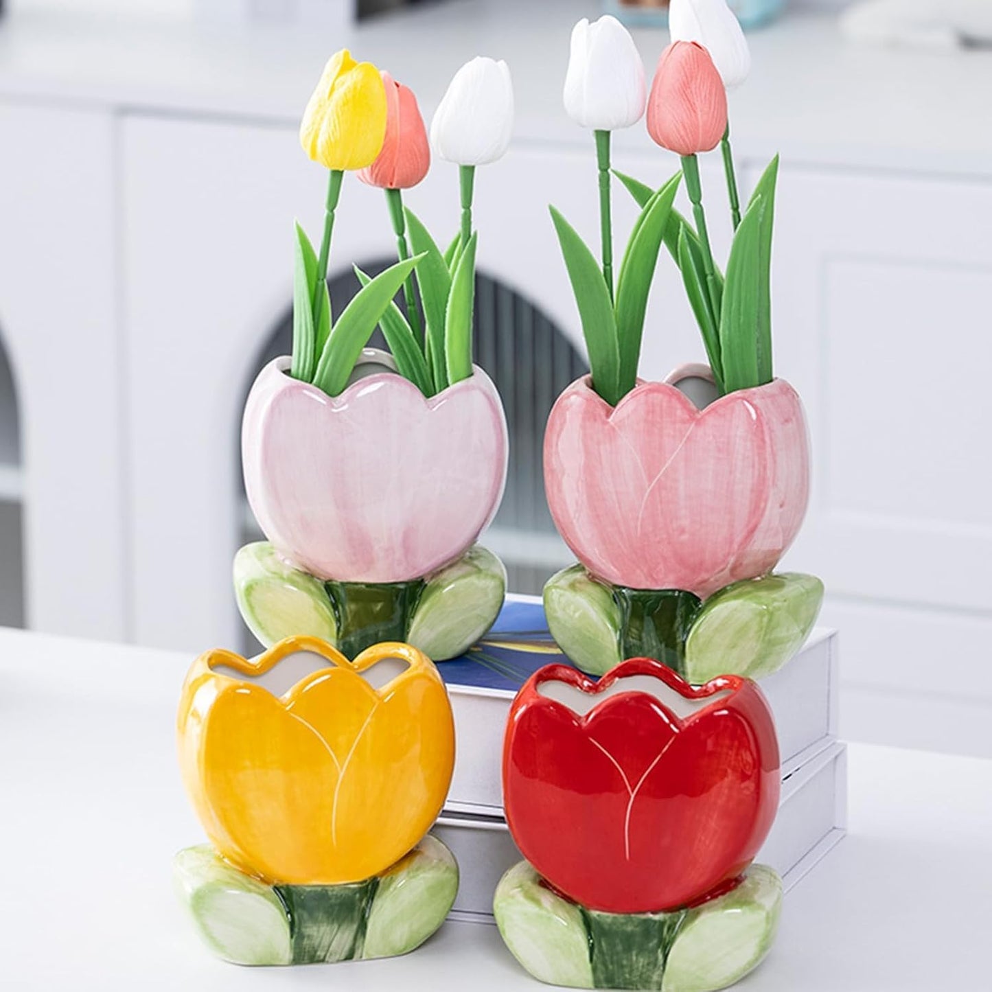 1 PC Flower Makeup Storage Box Ceramic Blossom Five Petals Pen Holder Pen Holder Desktop Storage Box (Blue)