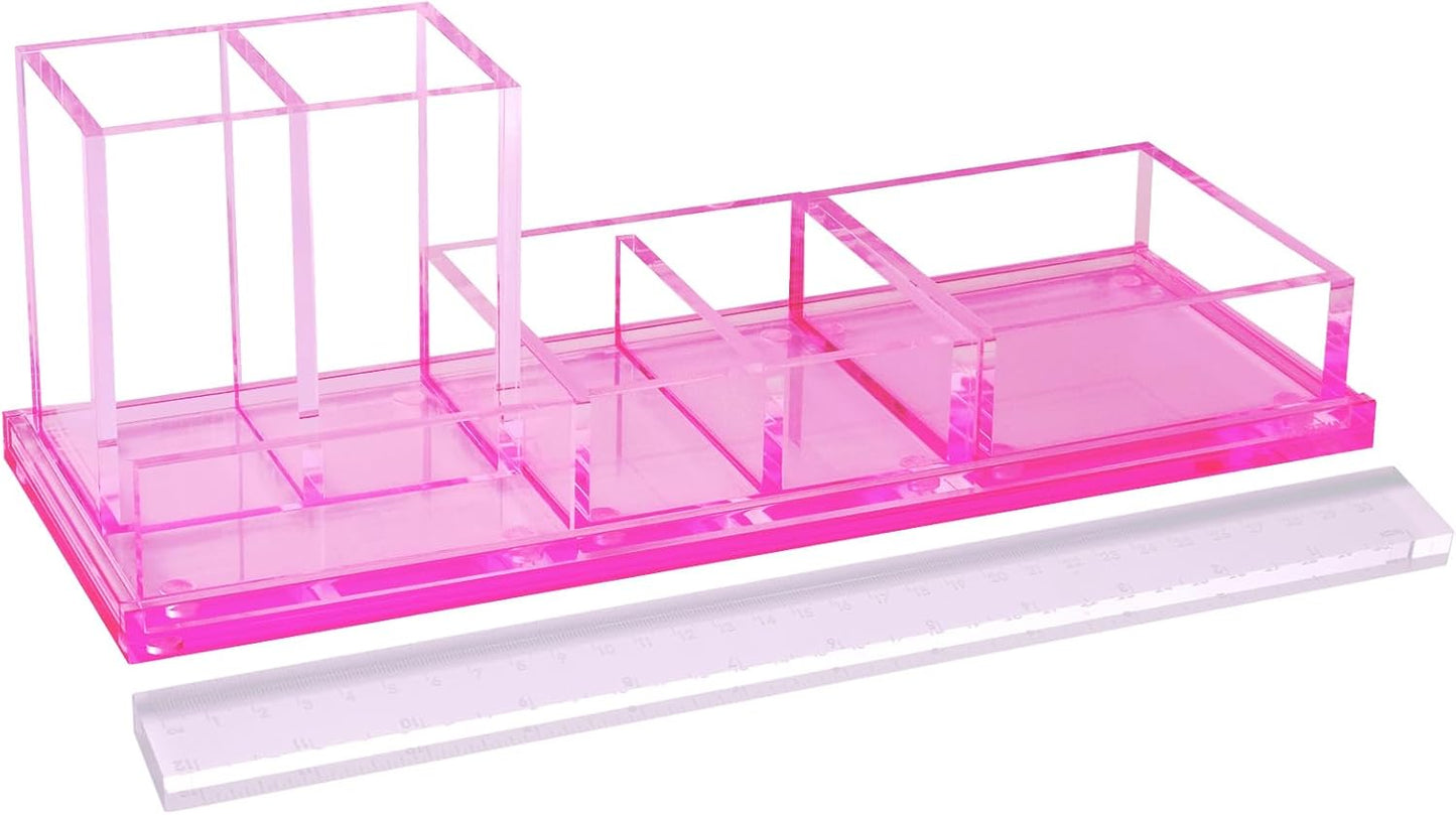 Clear Acrylic Desk Organizer 4-Piece Desk Kit + Free Complimentary Acrylic Ruler, Desktop Organization for Office or Home