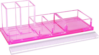 Clear Acrylic Desk Organizer 4-Piece Desk Kit + Free Complimentary Acrylic Ruler, Desktop Organization for Office or Home