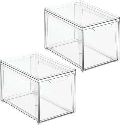 mDesign Plastic Stackable Closet Storage Organizer Bin Containers with Front Pull Drawer for Cabinet, Desk, Shelf, Cupboard, or Dresser Organization - Lumiere Collection - Clear