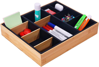 Bamboo Desk Drawer Organizer Tray, Silicone Sturdy Junk Drawer Organizer with 10 Adjustable Compartments, Desk Organizers and Accessories with 4 Removable Dividers for Office Home (White)