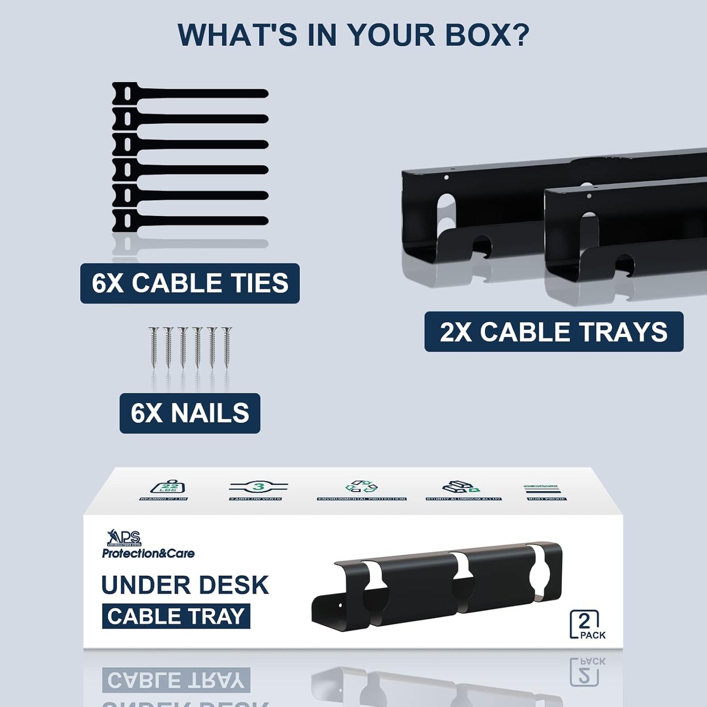 APS Under Desk Cable Raceway Tray 2 Pack - 16" Sturdy Metal Cord Organizer, No Drill Clamp Mount for Wire Hiding, Holds 15lbs+ for Office Home Desks - Black