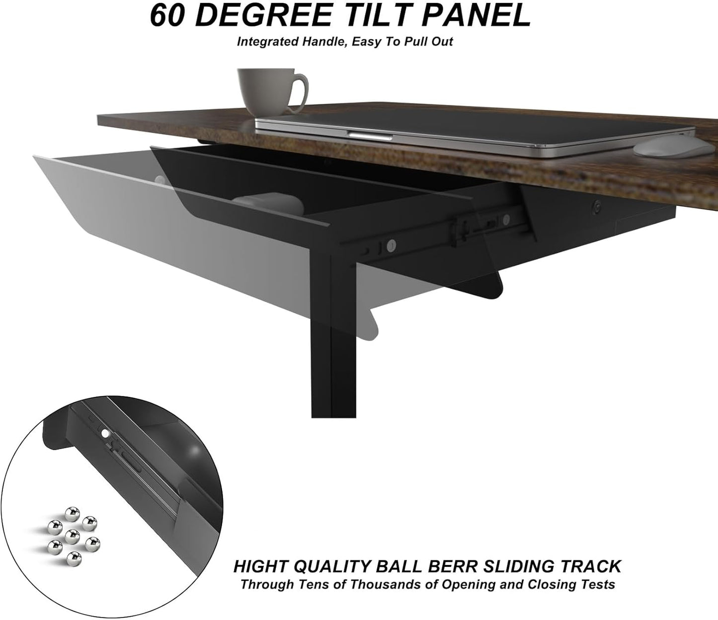 Under Desk Mounted Sliding Drawer with 60 Degree Tilt Panel to Pull Out, 15'' Long & 9'' deep Large Storage Organizer for Sit Stand Workstation
