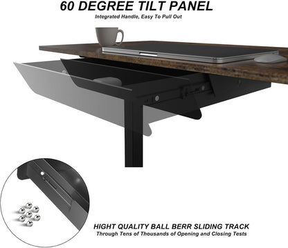 Under Desk Mounted Sliding Drawer with 60 Degree Tilt Panel to Pull Out, 15'' Long & 9'' deep Large Storage Organizer for Sit Stand Workstation