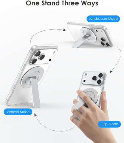 Magtame Double-Sided Magnetic Phone Stand Grip, Strong Magnetic Kickstand Desk Holder for Mag&Safe and Smartphone, Foldable Adjustable Design, Silver