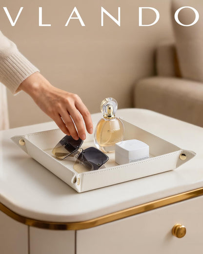 VLANDO Valet Tray for Men Women, Nightstand Organizer Vanity Catchall Holder for Dresser Desk Storage Bedside, Travel PU Leather Jewelry Key Bowl Coin Watches and Candy Entryway Tray - Large, Brown
