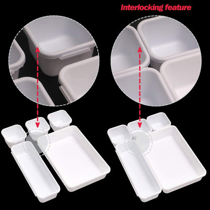 Set of 24 Interlocking Desk Drawer Organizer Tray Dividers Plastic Shallow Narrow Drawers Organizers Separators Storage Bins Container for Kitchen Bathroom Makeup Office Vanity Bedroom Dresser