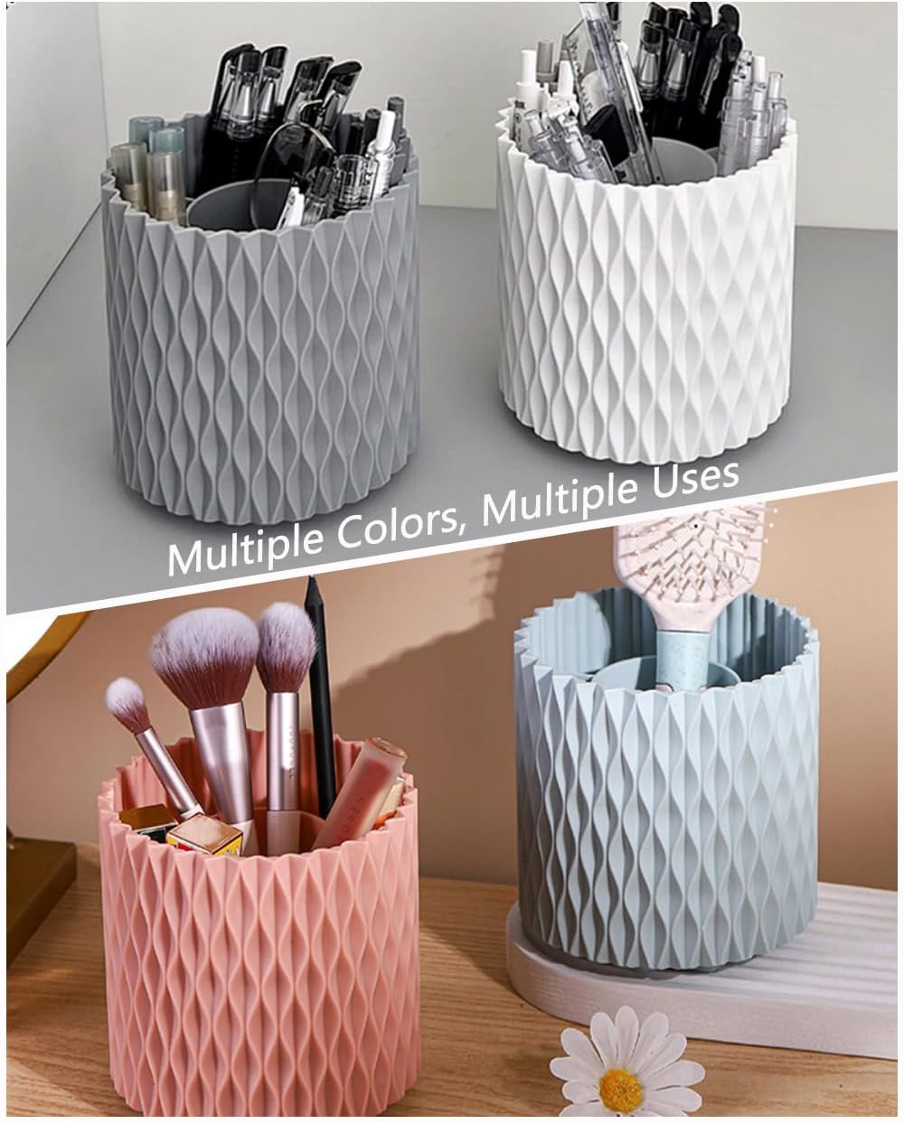 Lebenrich Rotating Pen Holder for Desk, 5 Slots Unique White Desk Organizer Easthetic Desktop Supplies and Accessories for Women Girls, Pencil Cup Caddy for Office Home Art Supply