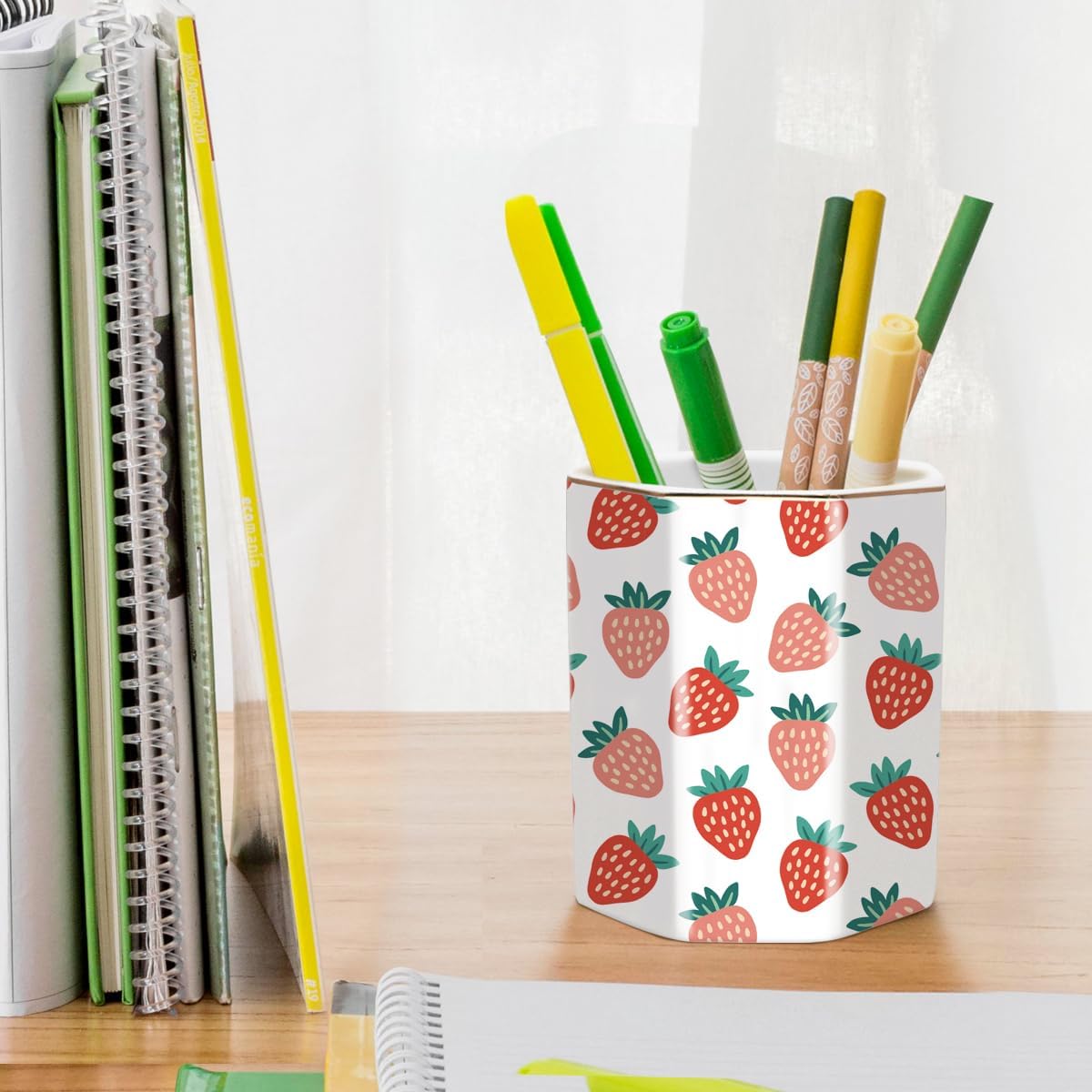 WAVEYU Ceramic Pen Holder for Desk Cute, Pencil Cup Pot Desk Organizer, Makeup Brush Holder for Women, Men, Kids, Desk Marble Decor for Office, Classroom, Home, Gray Golden