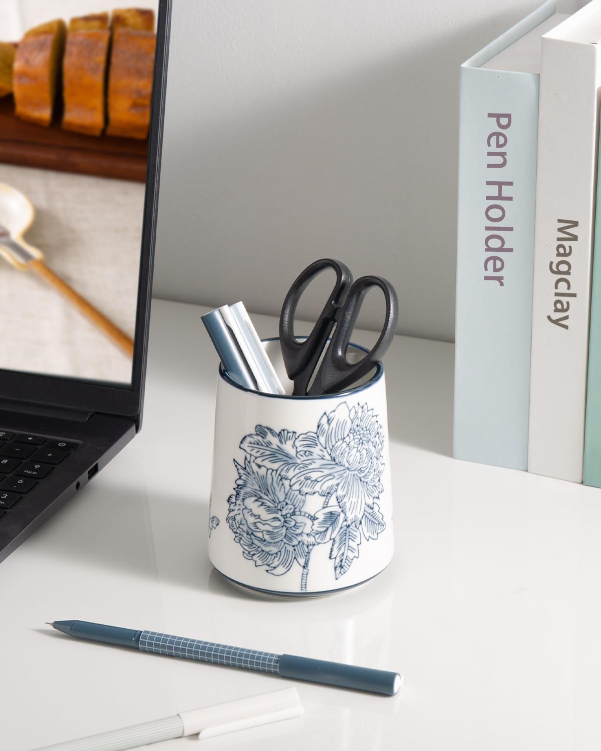 Pencil Holder for Desk, Ceramic Pen Holder, Blue and White Chinoiserie Desk Pen Organizer, Flowers and Branches
