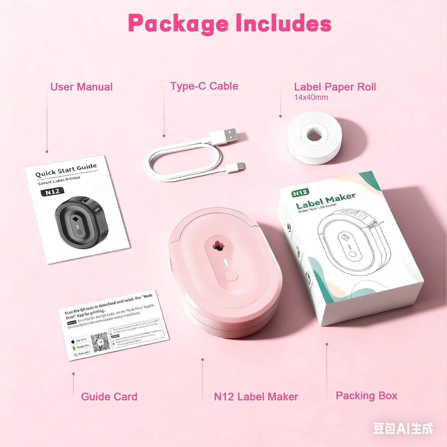 Label Maker Machine with Tape, Small Portable Bluetooth Label Printer, Handheld Mini Labeler for Home, Kitchen, Office, Waterproof Label Makers for Labeling, Gift, Kids School Items, Pink