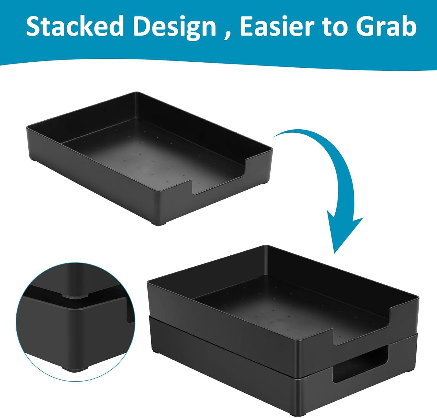 Letter Tray, Desk Organizer Tray, A4 Plastic Paper Tray Organizer for Desk, Stackable Rectangular Inbox Mail File Holder, Drawer Organizer for Desk Accessories Office School Home Supplies (Black)