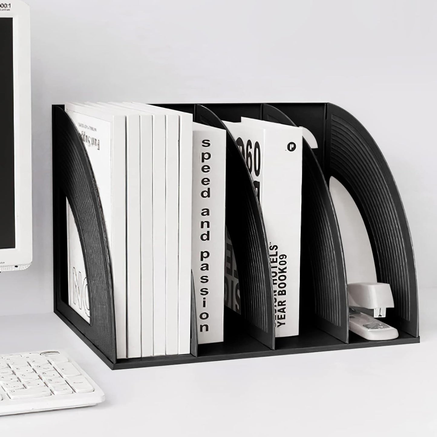 SAYEEC Magazine Holder Sturdy Binder Holder Desk File Sorter Plastic File Folder Organizer Stand Book Shelf Dividers Vertical Storage Rack Desktop Bookshelf Display Box for Office School Home (Black)