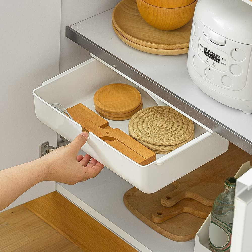 Poeland Under Desk Drawer Self-Stick Storage Organizer for Office Home School, Holders for Desk Accessories, Large Size, White