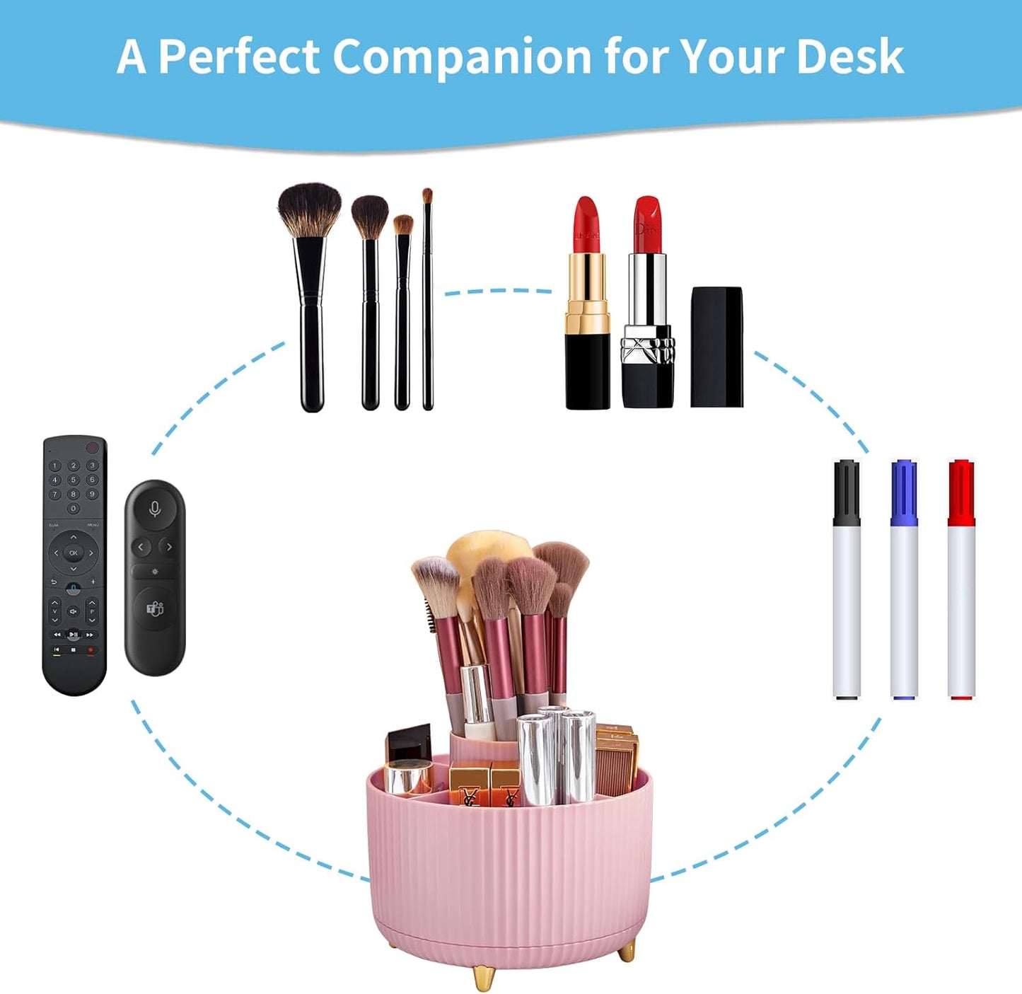 Marbrasse Desk Organizer, 360-Degree Rotating Pen Holder, Desk Organizers and Accessories with 5 Compartments Pencil Holder, Art Supply Storage Box Caddy for Office, Home（White）