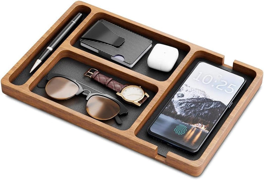 Wooden Valet Tray for Men, Nightstand Organizer with Compartments, EDC Catch All Tray for Keys, Wallet, Watch, Phone, Jewelry, Dresser Desk Organizer