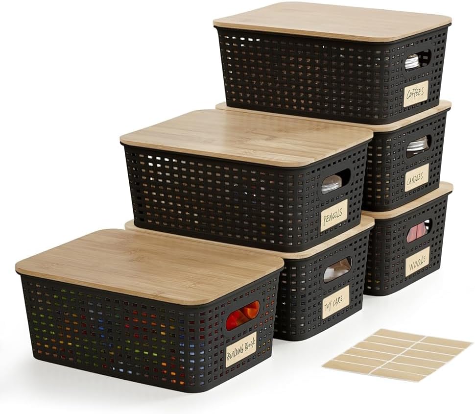 Bagnizer Small Plastic Storage Bins with Bamboo Lids 5.2qt Stackable Box Basket Pantry Decorative Containers Cute with Labels for Organizing Desktop Closet Office Cream White of 6 packs 10*7.2*4.1"