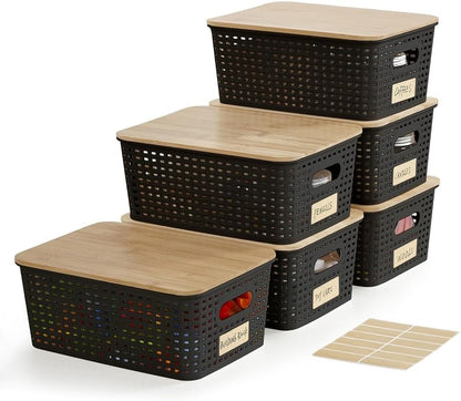 Bagnizer Small Plastic Storage Bins with Bamboo Lids 5.2qt Stackable Box Basket Pantry Decorative Containers Cute with Labels for Organizing Desktop Closet Office Cream White of 6 packs 10*7.2*4.1"
