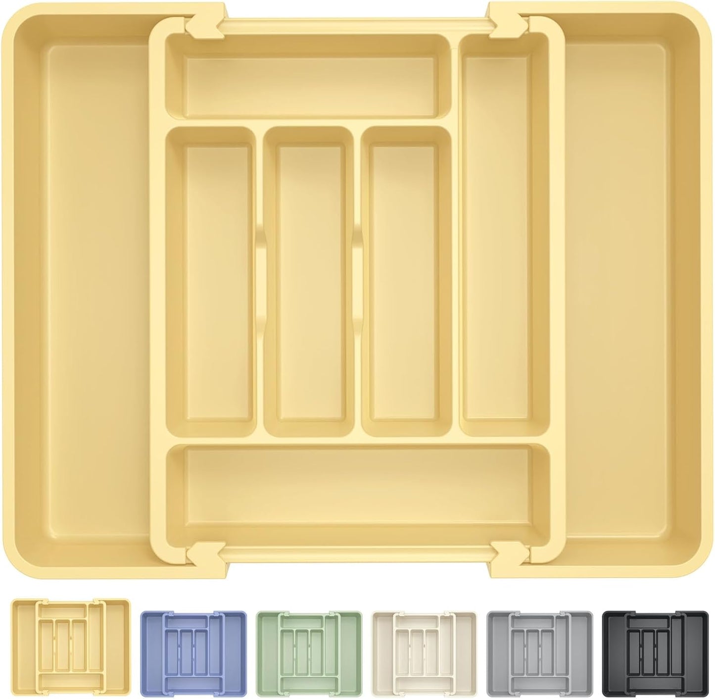 Caperci Large Silverware Organizer for Kitchen Drawer & Utensils - Expandable Drawer Organizer for Cutlery, Flatware & Gadget, BPA-Free Thick Plastic, Wider Compartments & Non-skid Feet (Tofu)