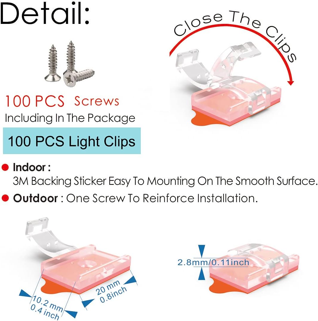 ATB- 100 Pack LED Strip Light Mounting Brackets, Self-Adhesive & Screw-in Dual Installation, LED Clips for 8-10mm (0.31-0.39in) Width, Height <2.8mm (0.11in) Indoor Strip Lights, Include 102 Screws