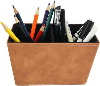 Leather Pen Holder, Brown Pencil Holder, Desktop Elegant Pen Holder for Desk, Stationery Organizer for School Office Home Dorm (3.3" x 3.3" x 4", Brown)