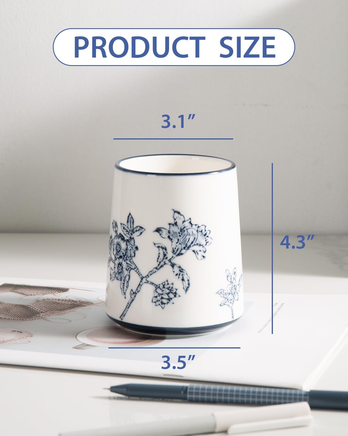 Pencil Holder for Desk, Ceramic Pen Holder, Blue and White Chinoiserie Desk Pen Organizer, Flowers and Branches